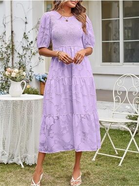 Like New- Lilac Puff Sleeve Smocked Bodice Midi Dress